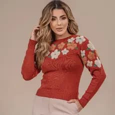 Blusa Cropped Flor Tricô Modal Premium Manga Longa Outono Inverno Frio Modinha Fashion Laffy