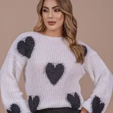 Blusinha Branca Coração Pelinho Feminina Tricô Lã Lãzinha Manga Longa Bufante Oversize Inverno Frio