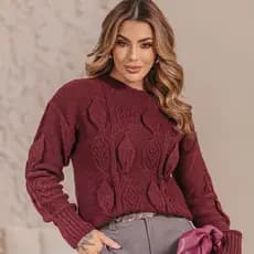 Blusa de Frio Tricô Premium Suéter Feminina Manga Longa Lãzinha Inverno Ponto Folha Laffy Tricot