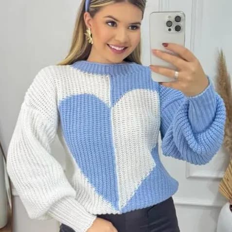 Blusa de Frio Feminina Tricô Azul Branco Suéter Coração Quentinha Inverno Casual Elegante Estilosa