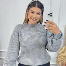 Blusa Cinza Feminina de Lã Tricô Premium Inverno Quentinha Gola Redonda Manga Longa Estilosa Moderna