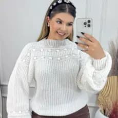 Blusa Feminina Branca Tricô Lã Premium Suéter Quentinha Inverno Elegante Estilosa Confortável Moda