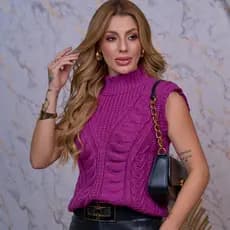 Colete Feminino Tricô Trança Pullover Regata Tendência Lãzinha Frio Outono Inverno Laffy Tricot