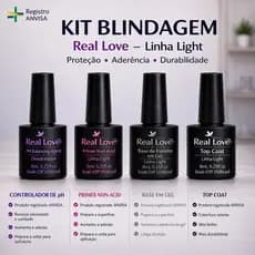 Kit Blindagem Preparadores Unha Em Gel Real Love 8ml - Primer Base em Gel Top Coat PH Desidratador