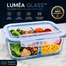 Marmita Premium Hermética Luméa Glass™ Vidro Borossilicato 1040ml Com Divisórias Anti Vazamento