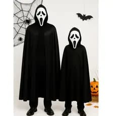Fantasia Halloween Panico Infantil Adulto Capa com touca + Mascara Completo Kit Carnaval