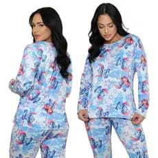 Pijama Feminino Suede Lilo e Stitch anga Longa Calça Promoção Qualidade