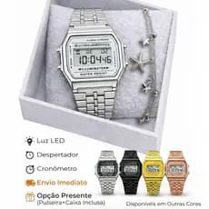 Relógio Digital Retrô Unissex em Aço Preto Prata Dourado Led Vintage Quadrado Clássico Namorados