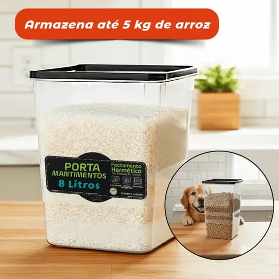 Pote 5kg Arroz Porta Mantimentos Transparente Tampa Preta Organizador Cozinha Armário Dispensa