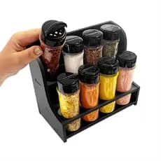 Kit de 8 Potes Tampa Dupla com Suporte Porta Temperos Escada Madeira+ Etiquetas Organização Cozinha