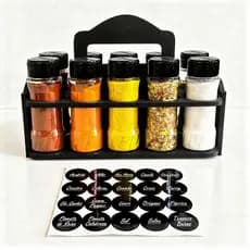 Porta Condimentos de Alça Madeira Preto 10 Potes Plástico + Etiquetas Ideal para Cozinha Organizada