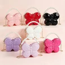 Bolsa Borboleta Feminina com Pérolas e Corrente - Mini Bolsa Transversal e Alça de Mão, Várias Cores, Estilo Fofo para F