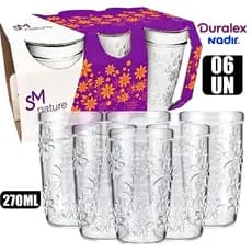 Kit Conjunto 6 Copos Nature SM Nadir 270ml De Vidro Grosso Temperado Transparente Floral Para Sucos