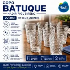 Jogo 6 Copos Batuque Nadir 265ml Vidro Grosso Resistente