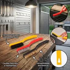 Jogo de Escovas de Aço Manual 3 Peças em Nylon Latão Inox para Limpeza Pesada e Remoção de Ferrugem