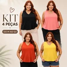 Kit 4 Blusa Feminina Regata Até Tamanho G3 Decote em V Alça Larga Casual Tecido Duna