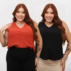 Kit 2 Blusas Regata Feminina Social Básica Alça Grossa, Decote em V, Forrada no Busto Tecido Duna Plus Size