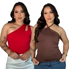 kit 2 Blusa Feminina Básica Um Ombro Só e outra Frente Única em Suplex Forro Duplo