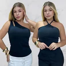 kit 2 Blusa Feminina sendo 1 Frente Única Amarração no Pescoço e 1 Blusinha de um Ombro só em Suplex