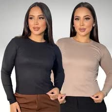 Kit 2 Blusas Femininas Manga Longa Gola Careca Básica Plus Size Elegante