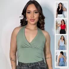 Top Feminino Frente Única Decote Transpassado Com Amarração Atrás Blusinha Casual Elegante Verão Tendência Blogueira