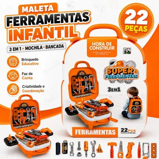 Brinquedo Ferramentas Infantil com Maleta Mochila Bancada 3 em 1 Oficina 22 Peças