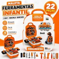 Brinquedo Ferramentas Infantil com Maleta Mochila Bancada 3 em 1 Oficina 22 Peças