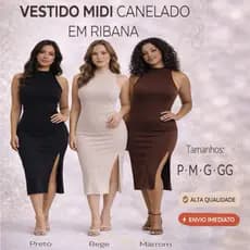 Vestido Midi Canelado Com Fenda Lateral Ribana Premium Alta Qualidade Envio no mesmo Dia