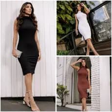 Vestido Midi Canelado Com Fenda Lateral Envio Hoje Moda Feminina Vestido Elegante