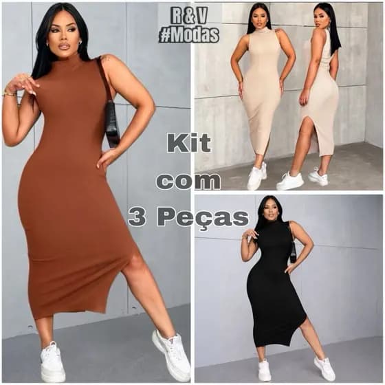 kit 3 Vestido Feminino Midi Canelado Ribanna Com Fenda Lateral do P ao GG Envio Rapido Preço Promocional Monte seu Combo