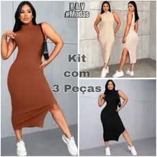 kit 3 Vestido Feminino Midi Canelado Ribanna Com Fenda Lateral do P ao GG Envio Rapido Preço Promocional Monte seu Combo