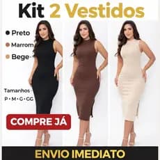 Kit 2 Vestidos Midi Canelados Premium Elegância + Conforto | Envio Imediato Promoção leva 2 Vestidos Feminino  Moda Luxo