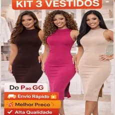 Kit 3 Vestidos Midi Canelado Feminino Justo Tubinho Moda Elegante Confortável Do P ao GG Promoção Envio Rápido