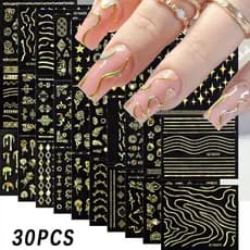 30 peças conjunto manicure adesivos flor xadrez estrela coração linhas manicure decoração Laser ouro prata manicure ades