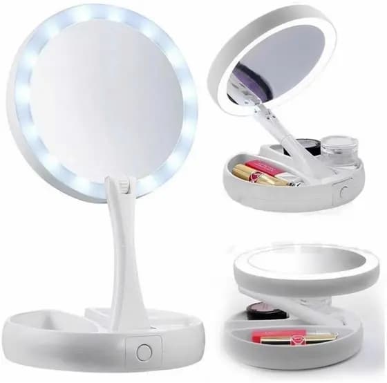 Espelho Maquiagem Led Dobravel Aumenta 10x Dupla Face E Gira- bsh