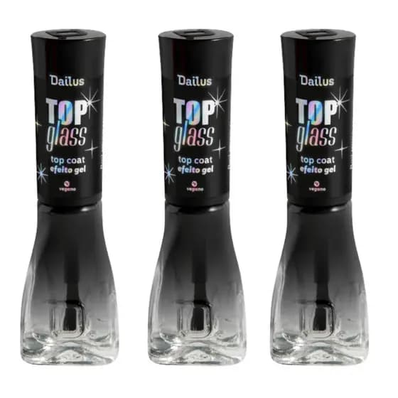 DAILUS Kit 3 Esmaltes Top Glass Top Coat Efeito Gel Brilho Infinito 8ml Longa Duração Manicure Pedicure