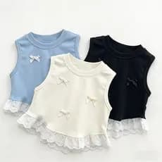 Meninas Doce Arco-Nó Floral Rendas Bordas Topo Verão Curto Sem Mangas Camiseta Diário Versátil Crianças Roupas Novo Wear