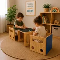 Kit 3 Banquinhos Infantil de Madeira Multifuncional Educativo Estilo Montessori