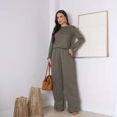 Conjunto Feminino Lanzinha Tricot Inverno Manga Longa Calça Pantalona Bolso Elegante P M G GG