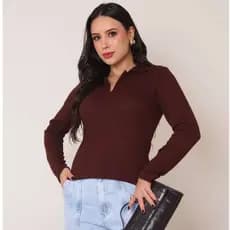 Blusa de Frio Feminina Tricot Gola Polo Suéter Inverno Casual Lanzinha Manga Comprida P M G GG