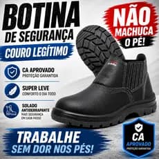 Botina Bota Segurança Couro Legitimo Calce Fácil Elástico Lateral Original COM CA Certificação Garantida Industria