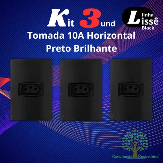 Kit 3 un Tomada Horizontal 10a 2p+t 4x2 Linha Lisse Black Preto Brilhante - SBS