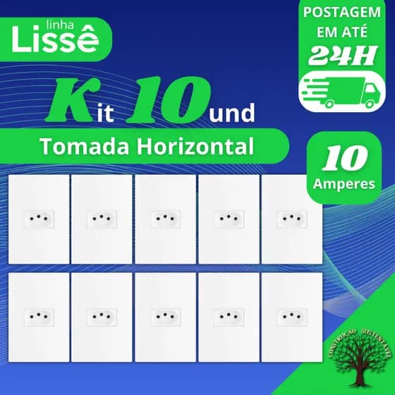 Tomada 10A Horizontal Linha Lisse Apoio Com 10, 6 e 3 peças Branco Brilhante