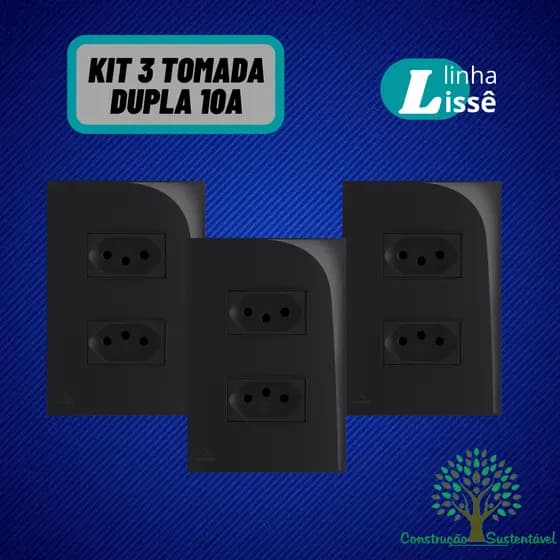 Kit 3 un Tomada Dupla 10A 2p+t 4x2 Linha Lisse Apoio Preta