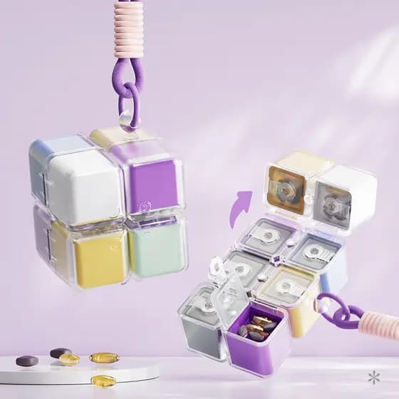 Caixa de comprimidos cubo de rubik com cordão portátil caixa de embalagem de medicamentos sete dias por semana caixa de