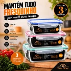 Kit 03 Pote Hermetico Marmita Vidro  Tamanho P M G  410ml 700ml 1040ml Tampa Com Valvula Para Microondas