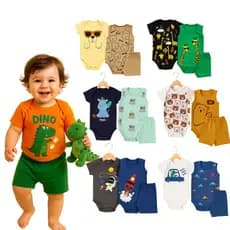 Kit 9 ou 6 Peças Body Bebê Menino Verão Body Regata e Body Manga Curta e Short Tamanho RN ao GG