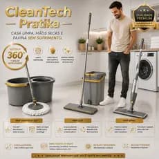 Mop Giratório 360 Balde13L Mop Flat Balde5L Mop Spray CleanTech Pratika Limpeza Rápida Para Casa