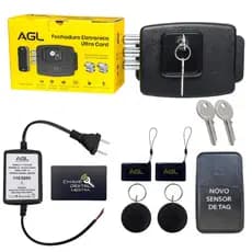 KIT FECHADURA DE PORTAO ELETRONICA AGL ULTRA CARD PRETA MODELO NOVO LANÇAMENTO MIFARE 13,56 + TAGS