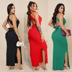 Vestido Feminino Mid Amarração com Fenda Elegante Longo Festa Casual Estiloso e Chick